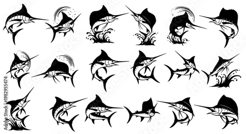 Sailfish Silhouette Collection: Dynamic Ocean Marine Life Illustrations