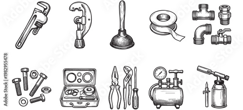 A collection of hand-drawn illustrations of various plumbing tools and parts, presented in a clean, black and white sketch style ideal for technical or DIY content.