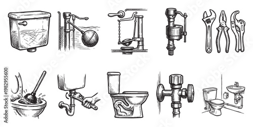 Collection of hand-drawn illustrations featuring plumbing tools like wrenches and pliers, along with various toilet tank and bowl components, depicting repair and maintenance.