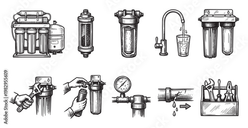 A collection of hand-drawn black and white illustrations depicting various water filtration systems, filters, plumbing, and tools, showcasing installation and maintenance.