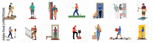 Vector illustration set featuring diverse delivery couriers and mail carriers delivering packages, boxes, and letters to homes and doorways.