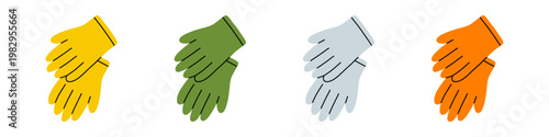 Vector collection of gardening rubber glove pair in bright color variation in flat design. Domestic protection accessory set of illustration for hygiene, cleaning service and household chore design.