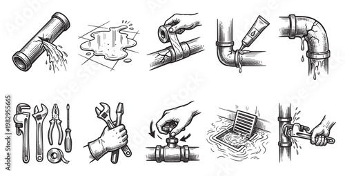 This vintage illustration depicts various plumbing issues and repair actions, including leaks, tools, and maintenance, ideal for informational or DIY content.
