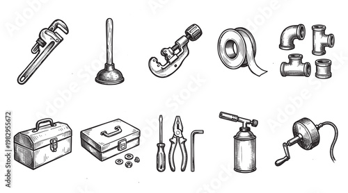 A vintage-style black and white illustration showcases a collection of plumbing tools and materials arranged in two rows against a white background, ideal for repair and construction concepts.