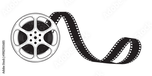 Vintage film reel and photographic strip icon set representing retro analog cinematography and media creation.