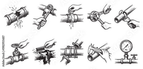 Collection of line art illustrations depicting various plumbing pipe tasks including repair, measurement, cleaning, and pressure monitoring, ideal for technical or instructional content.