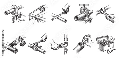 A collection of hand-drawn illustrations showing various plumbing tools and actions, including cutting, measuring, and connecting pipes with wrenches and saws.