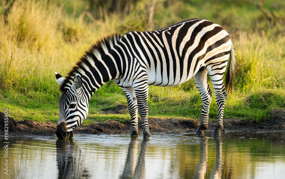 Obraz premium A striking zebra bends to drink from a tranquil waterhole, its bold black and white stripes reflected in the water's surface amidst the golden savanna grasses