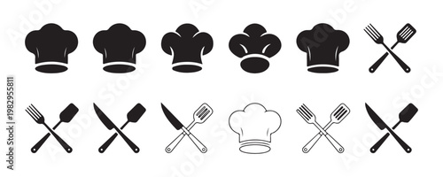 Professional cooking icons set with various chef hat styles and crossed kitchen tool silhouettes for branding.