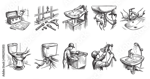 This hand-drawn montage illustrates various plumbing tasks, showcasing tools like wrenches and drills alongside installations of sinks, toilets, and pipes, suitable for DIY guides or trade services.
