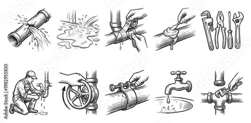 This hand-drawn illustration depicts various stages of plumbing repair, including leaks, tool usage, and a plumber at work, suitable for instructional or conceptual purposes.