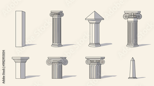 Set of eight classical architectural column and pillar designs in various styles like doric, ionic, and corinthian.