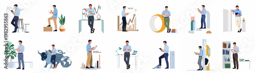 Set of 14 flat illustrations of a professional man analyzing financial data, stock market charts, and global trends on a digital tablet.