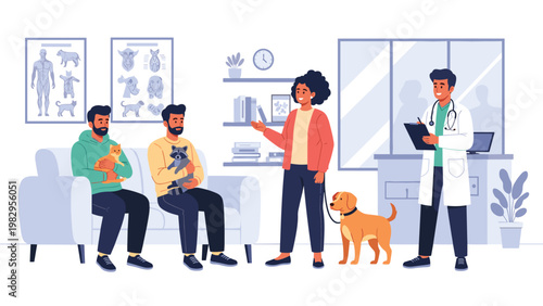 People waiting with their domestic pets in a modern veterinary clinic reception area with professional medical staff and posters.