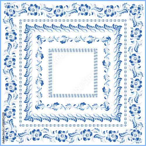 Vector floral seamless border patterns from hand painted blue flowers on a white background. 4 pattern brushes in the brush palette