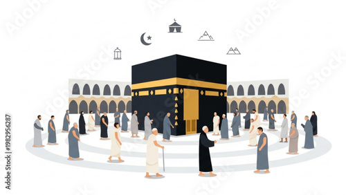 Muslim Pilgrims Praying Around Holy Kaaba in Mecca Flat Illustration