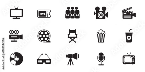 Cinema icon set with film projector ticket clapperboard director chair and television silhouette illustrations.