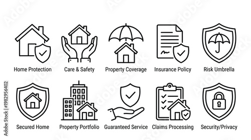 Collection of line icons representing home insurance and property protection services