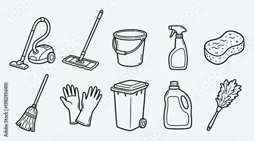 Cleaning tools outline icon set. housekeeping, sanitation, hygienic tools collection