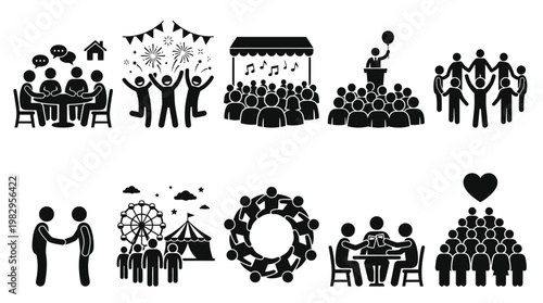 Collection of diverse social gathering and community event icons