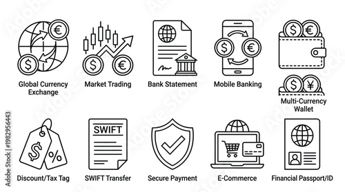 Collection of financial and business icons representing global commerce and transactions