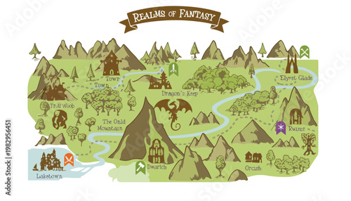 Vintage fantasy map vector titled Realms of Fantasy, medieval adventure world map with mountains and dragon, mythical land cartography for gaming