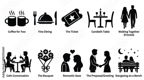 Collection of romantic date icons representing various couple activities and moments