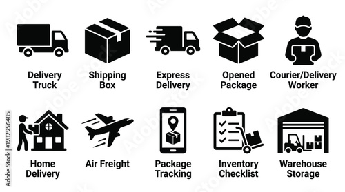 Logistics and delivery solid icon set. Shipping, transportation, package icons collection