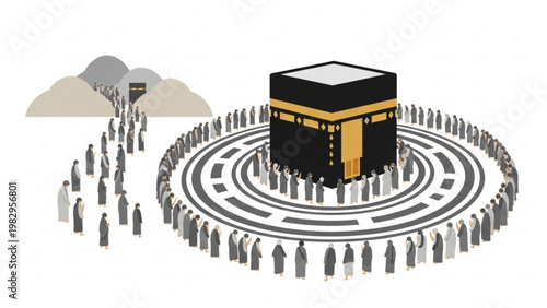 Muslim Pilgrims Praying Around Holy Kaaba in Mecca Flat Illustration