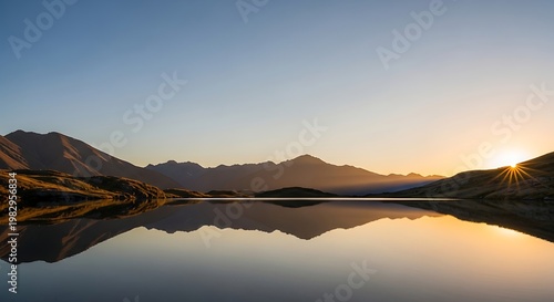 Serene mountain lake at sunrise reflecting majestic peaks and golden sky creating a peaceful natural landscape.