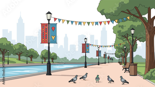 Peaceful city park landscape with a paved walkway, benches, green trees, pigeons, and a skyline of tall buildings in the distance.