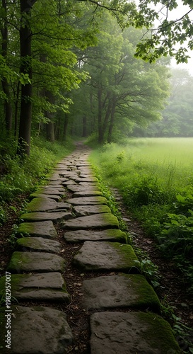 Moss covered stone path winding through a lush green forest with soft morning mist creating a serene and tranquil atmosphere