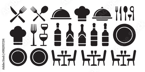 Gourmet restaurant icons collection with dinner plates wine bottles cloche and seating symbols for interface.