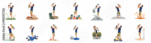 Set of flat illustrations depicting a father lifting his toddler in various indoor and outdoor settings, celebrating fatherhood and bonding.
