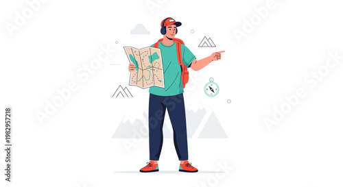 Adventurer with Map and Compass, Pointing Direction, Hiking and Travel Concept