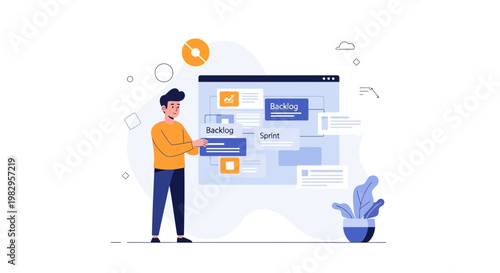 Agile project management concept: man organizing tasks on a digital board, backlog and sprint planning