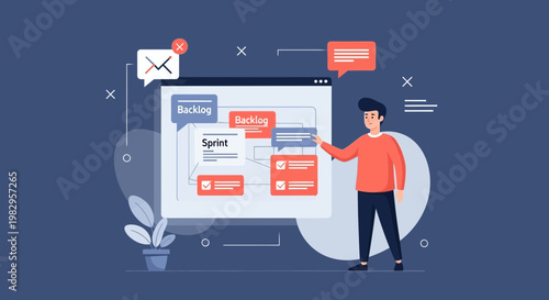 Agile project management concept: man planning sprint backlog on digital board