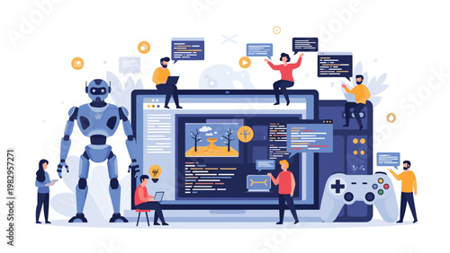 Large software development team working with a humanoid robot, code, gaming console, and a massive desktop computer screen.