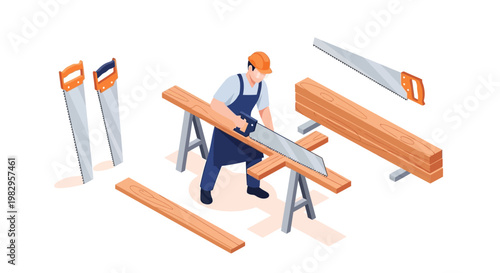 Carpenter sawing wood on sawhorses with tools and lumber, woodworking concept