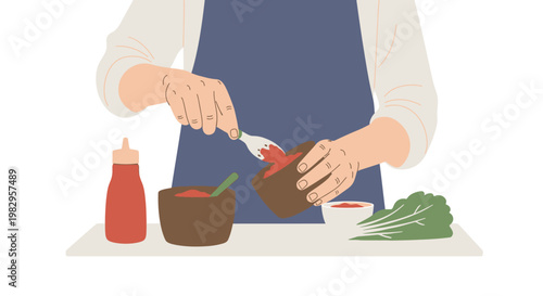 Chef prepares sauce in bowl, adding ingredients with spoon, cooking concept