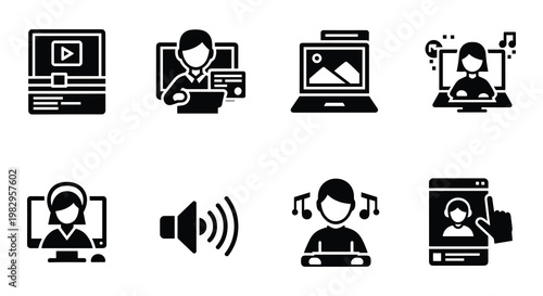 Multimedia and digital content icons set, 8 solid glyph vector elements for video editing and online streaming, black web interface symbols