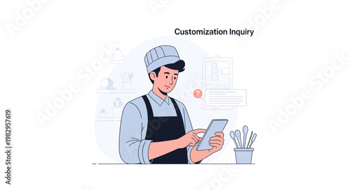 Chef with tablet, customization inquiry, restaurant service, online order, digital menu