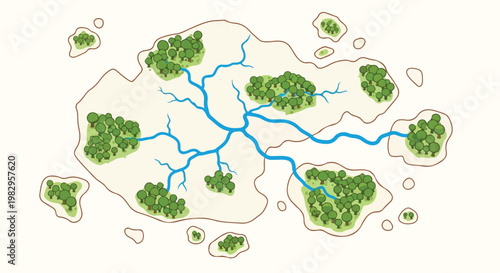 Fantasy world map vector illustration, aerial view of tropical island archipelago with green forests and blue rivers, top down game map design