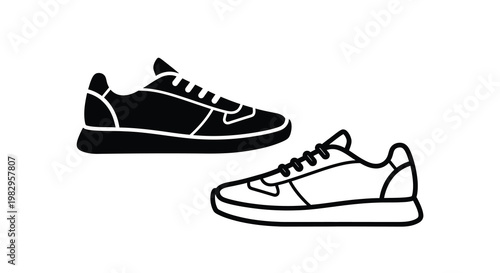 Simple black and white illustration depicting two different styles of sneakers