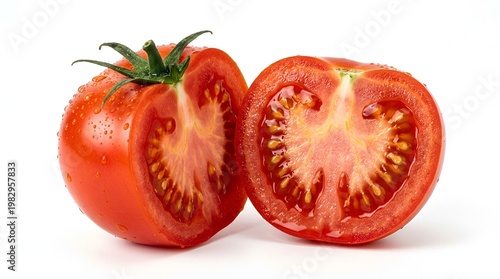 Two halves of fresh organic red plum tomato with water droplets isolated on white background, macro studio shot of healthy vegetable
