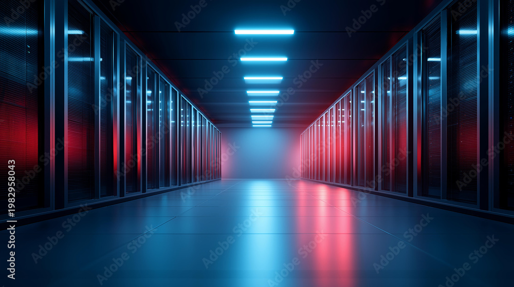 Fototapeta premium Faceless wide shot of a bright server room illuminated with blue and red ambient lights showing rows of infrastructure, data management systems, modern computing facility, network operations,