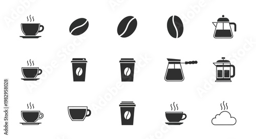 Collection of Coffee Icons: Cups, Beans, and Brewing Tools