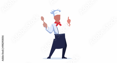 Modern cartoon chef character pointing up and holding spoon flat vector illustration isolated on white