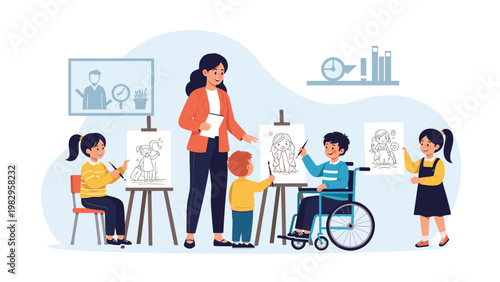 Inclusive art class for children with a female teacher and students including a young boy in a wheelchair drawing on an easel.