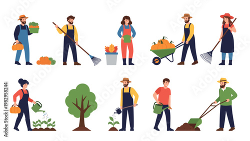 Collection of farmers performing various agricultural tasks like harvesting pumpkins, raking leaves, and watering small plants.